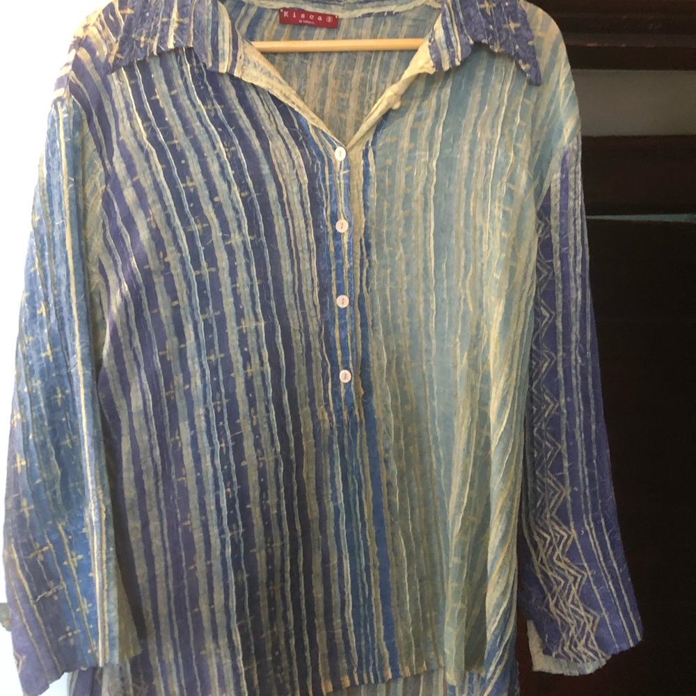 Kiev’s silk  Blue Striped Button-Front Blouse